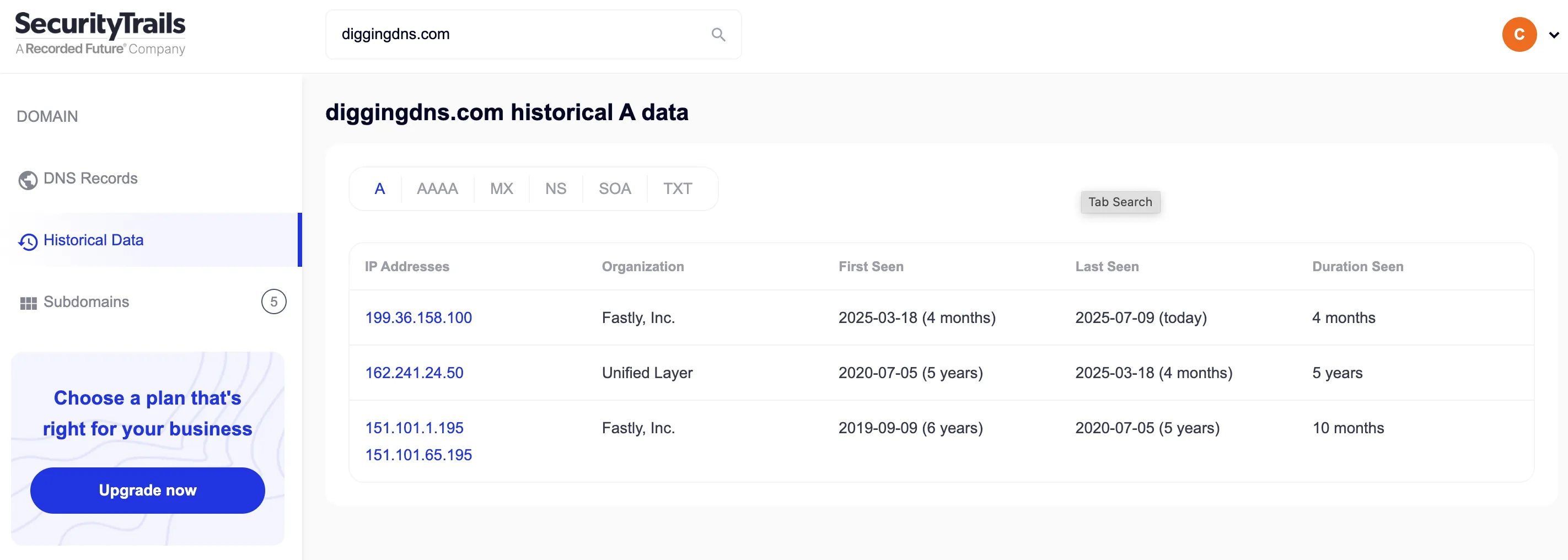 SecurityTrails Historical A data for diggingdns.com